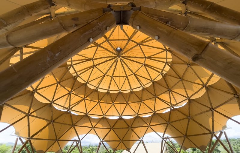 Upward inside angle of a parametric bamboo dome with triangles of bamboo poles wrapped in an outer layer of tensile fabric